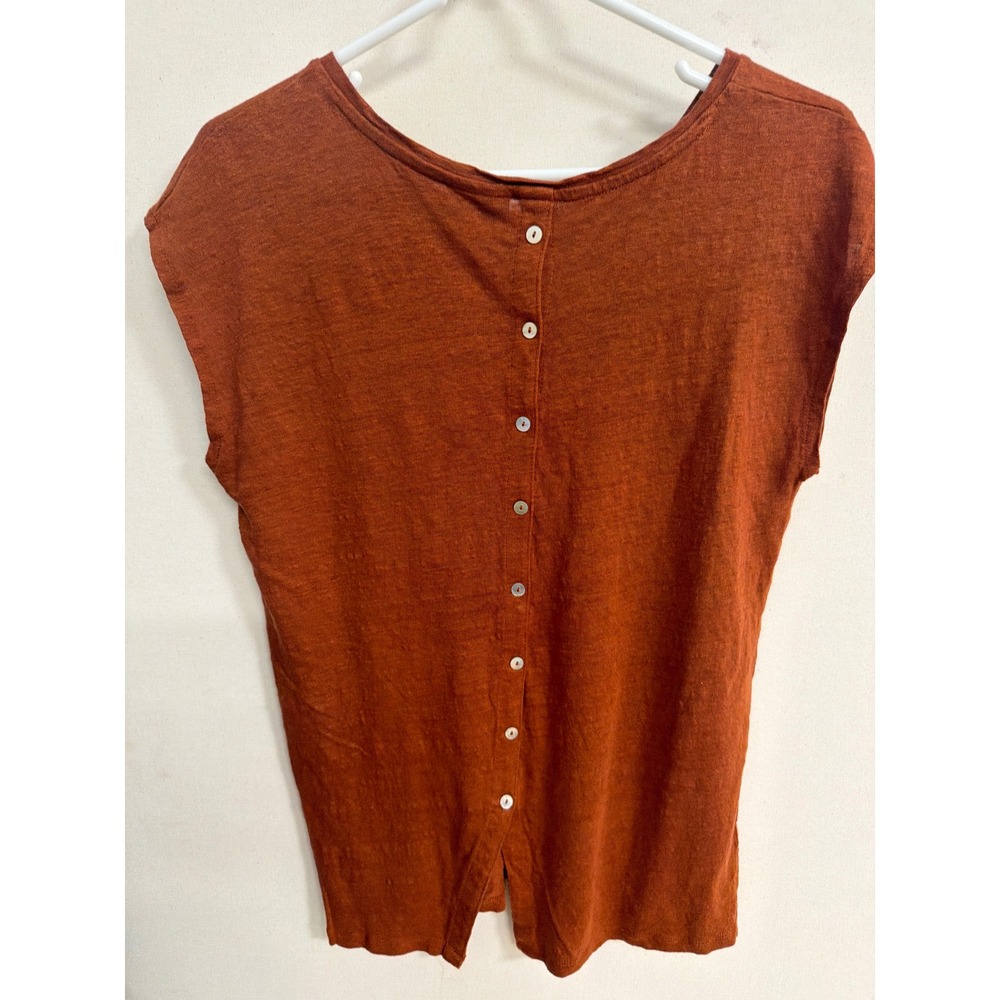 Tahari Womens Large Rust Orange 100% Linen Button Back Sleeveless Shell Top